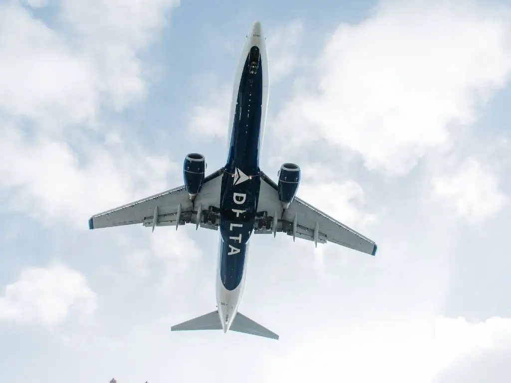 looking up at Delta plane flying overhead.