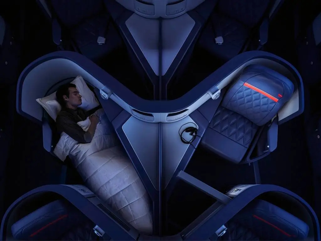 passenger sleeping in Delta One cabin.