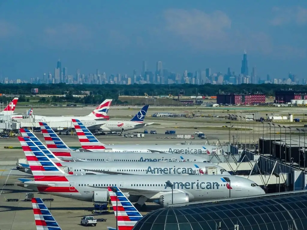 O'Hare Airport with Chicago skyline in the background.