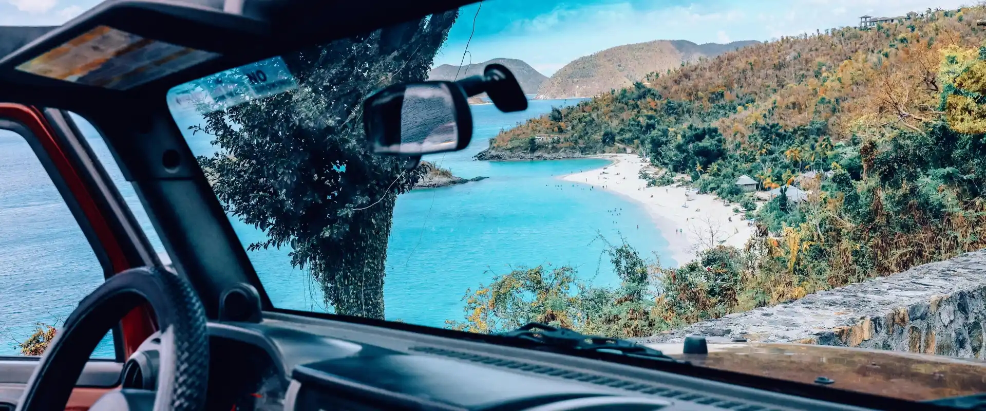 Looking out the front window of a Jeep in the US Virgin Islands