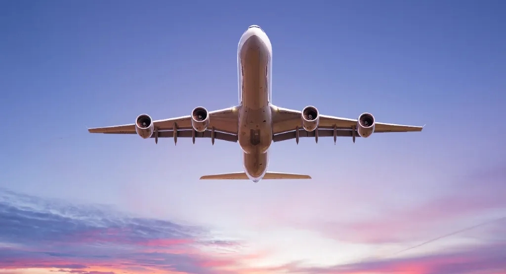 view from below of plane in the air