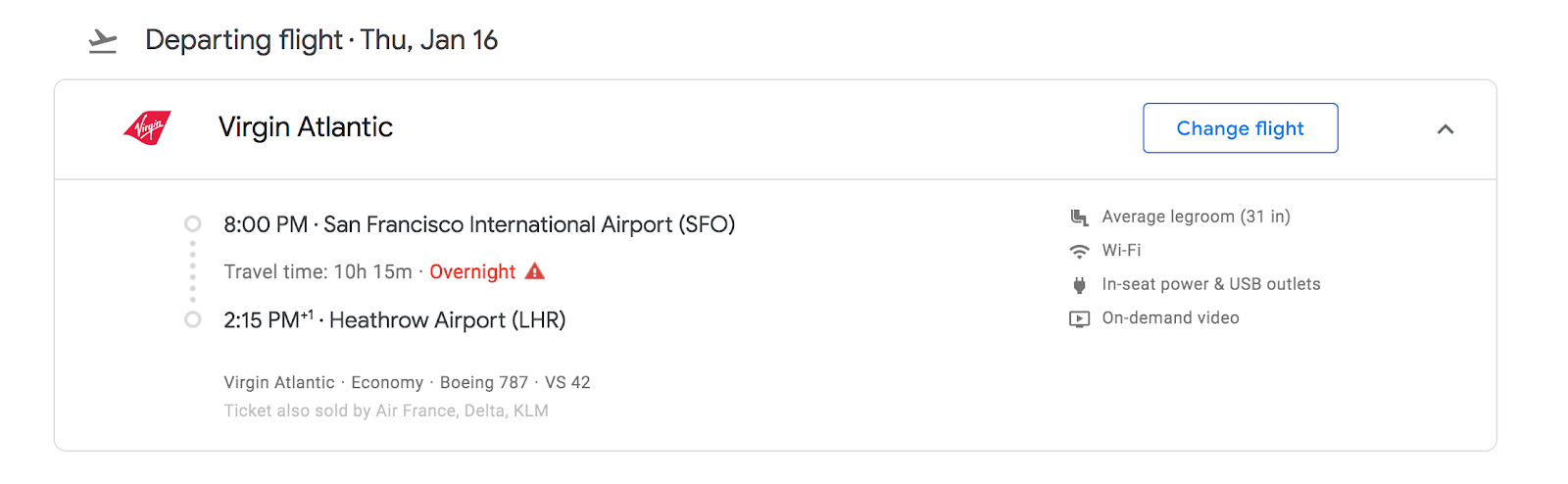 example of codeshare indication on Google Flights.